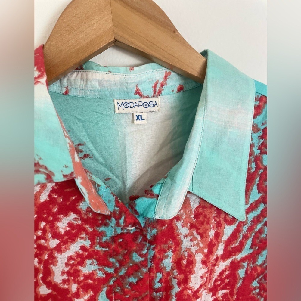 Modaposa Red Coral Print Cotton Button Down Shirt Turquoise XL Coastal Vacation - Picture 5 of 6
